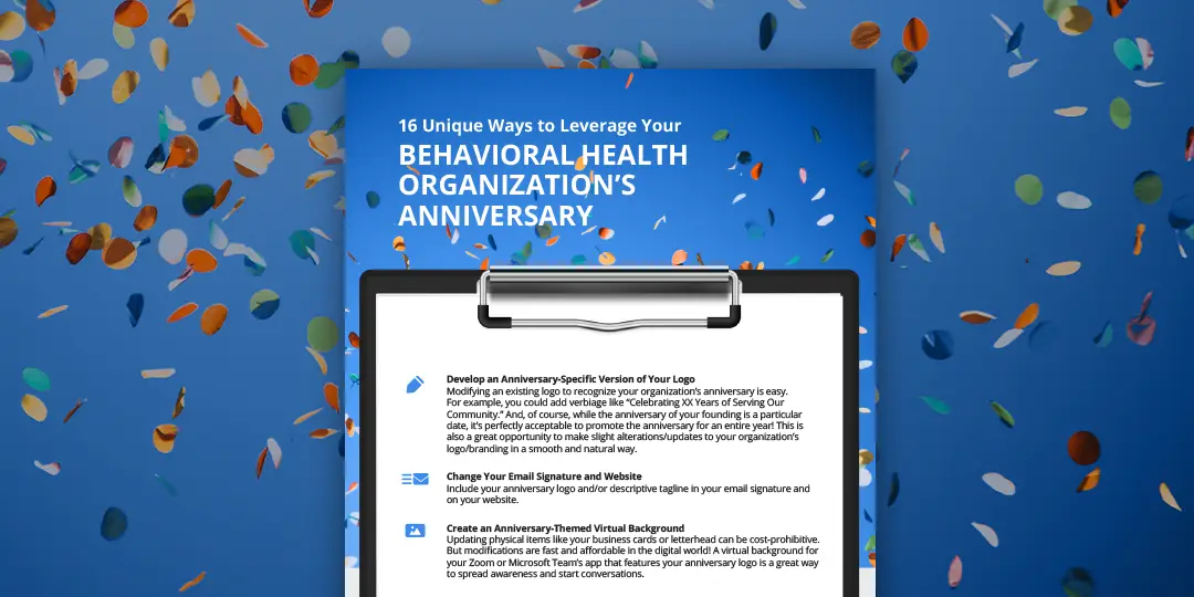 A checklist of behavioral health organization anniversary tips on a clipboard with confetti behind it