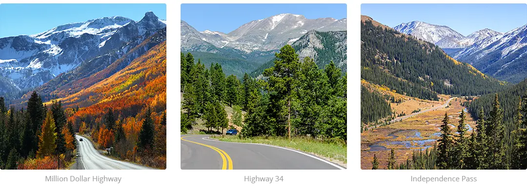 Three images of Colorado highways: Million Dollar Highway, Highway 34, and Independence Pass