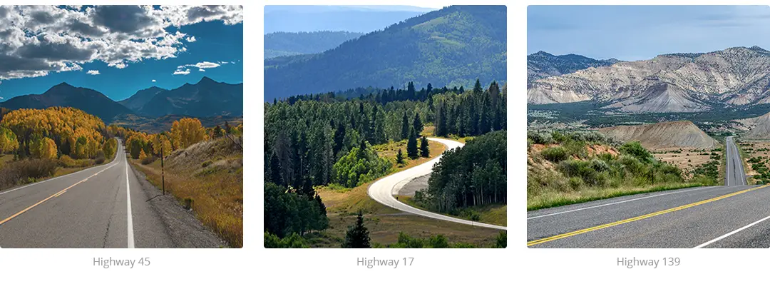 Three images of Colorado highways: Highway 45, Highway 17, and Highway 139