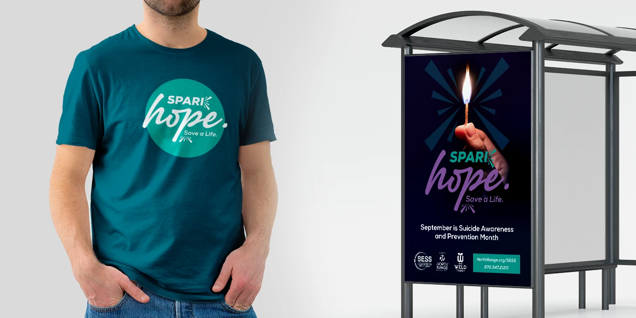 Bus shelter and t-shirt with the Spark Hope logo