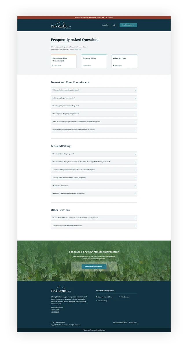 Preview of the Tina Kopko website FAQ page