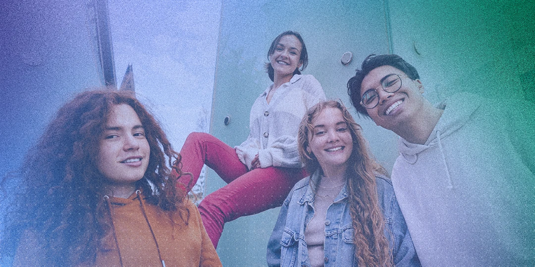 Characteristics Full A group of four Gen Z people with a grainy blue, purple, and green overlay
