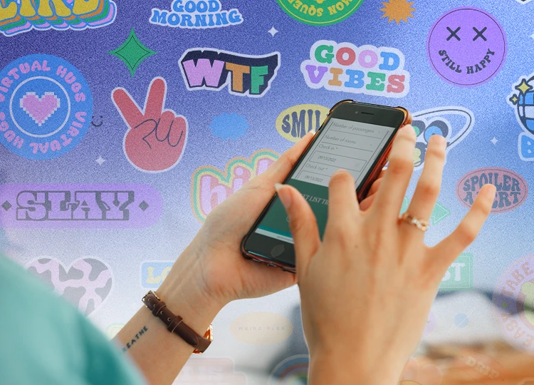 Gen Z Design Standard Person holding a phone with sticker designs of Gen Z slang and imagery in the background