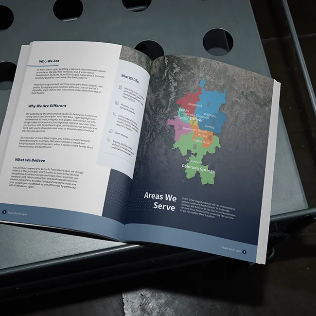 Magazine open with the Team Dave Logan brand brochure