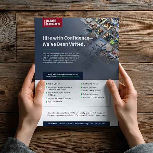 A flier of Team Dave Logan's Hire with Confidence–We've Been Vetted ad
