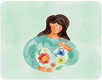 Illustration of a woman gently holding flowers and watering them, symbolizing nurturing mental health.