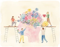 Illustration of people on ladders tending to a large brain made of flowers, symbolizing mental health care and support.