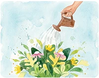 Illustration of a hand watering blooming flowers, symbolizing nurturing mental health.