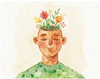 An illustration of a man with flowers coming out of his head to represent mental health