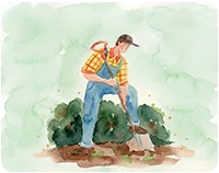 Illustration of a woman gently holding flowers and watering them, symbolizing nurturing mental health.