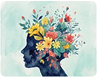 Illustration of a head silhouette filled with colorful flowers, symbolizing mental health and growth.