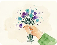Illustration of a hand holding a small bouquet of flowers, symbolizing care and mental health support.