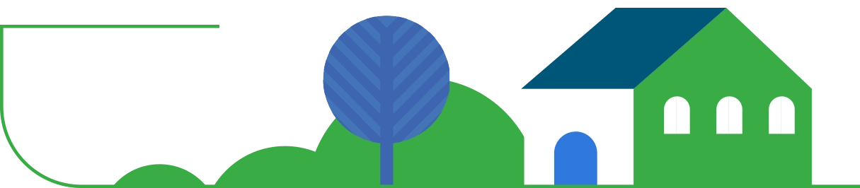 Line with a graphic house and trees design