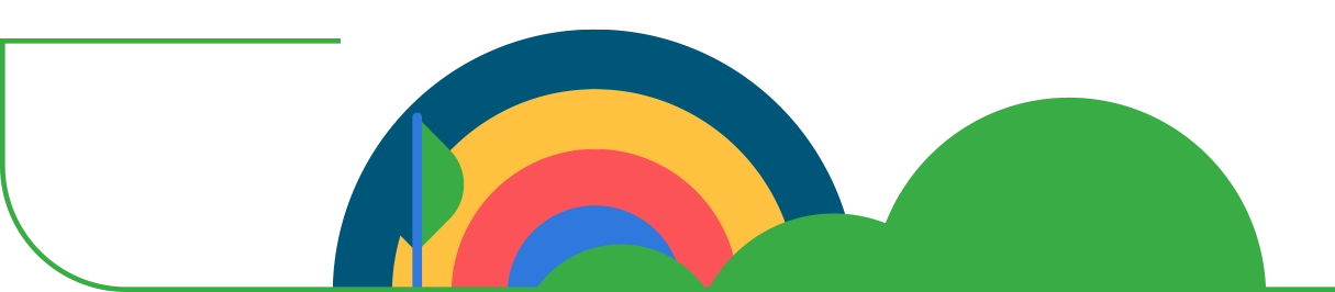 Line with a graphic rainbow and trees design