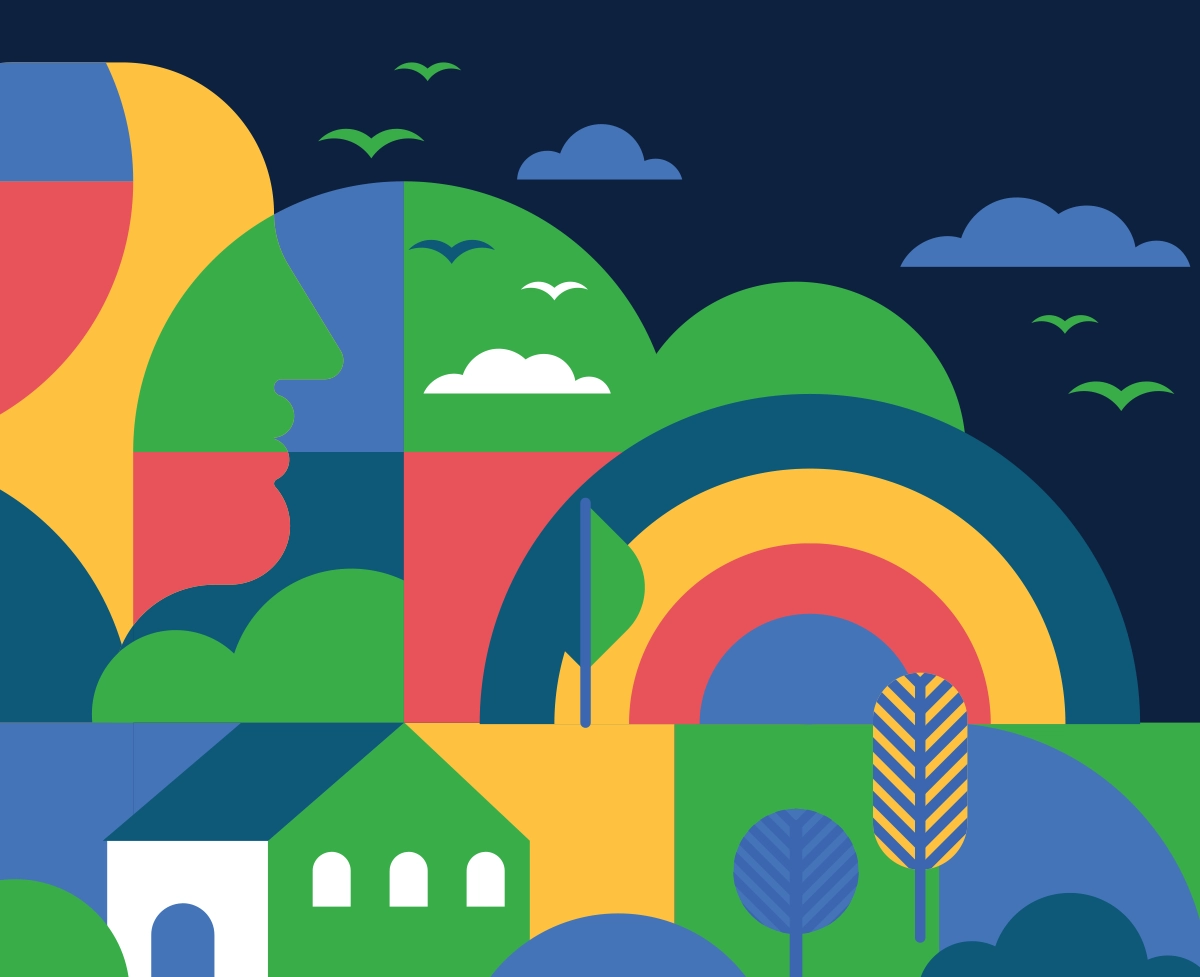 Line with a graphic house and trees design