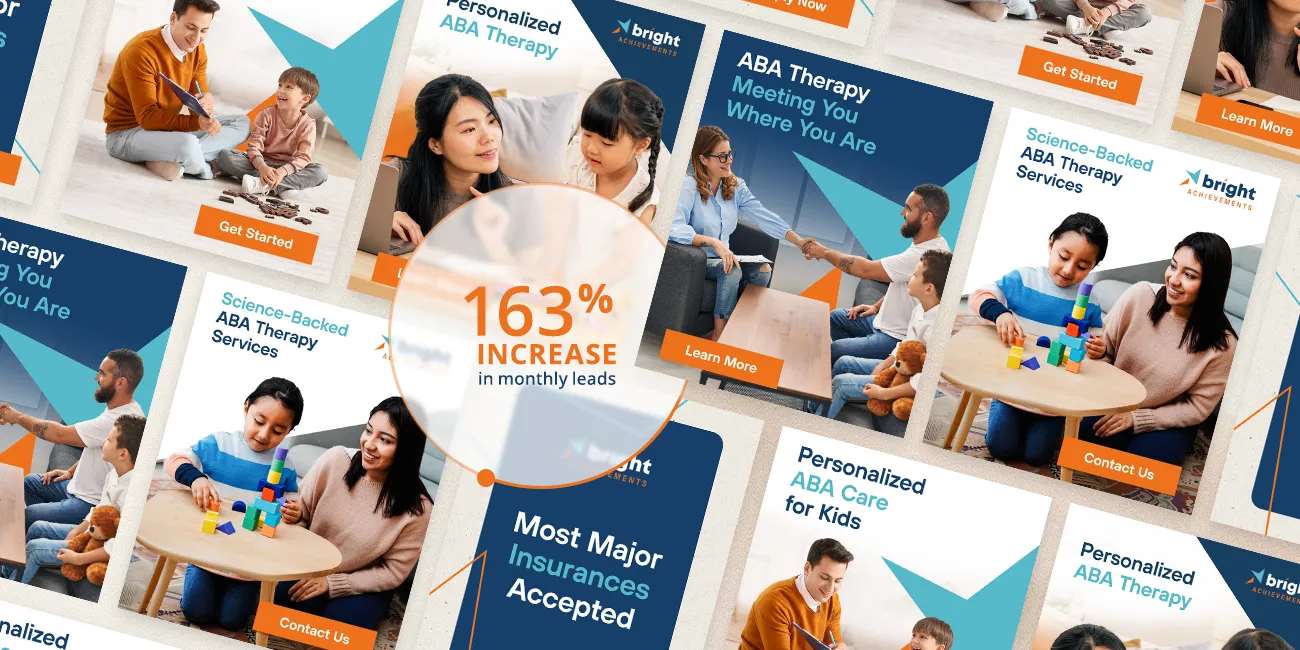 Digital ads for Bright Achievements highlighting a 163% increase in monthly leads