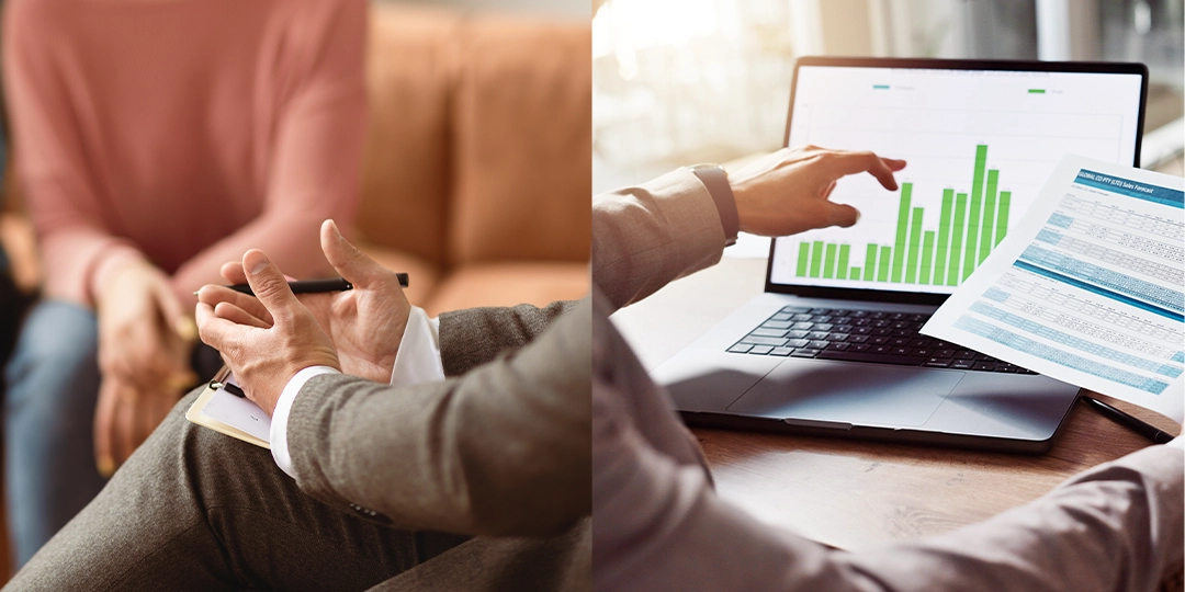 A split image showing a conversation between a therapist and patient on the left and a person analyzing marketing data on a laptop on the right, with a focus on charts and documents.