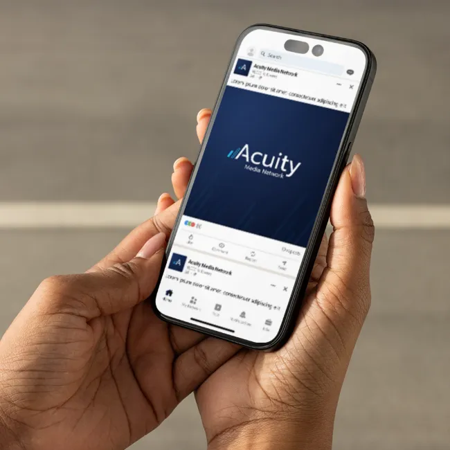 Phone showing a social media post design for Acuity Media Network, an ABA industry branding project.