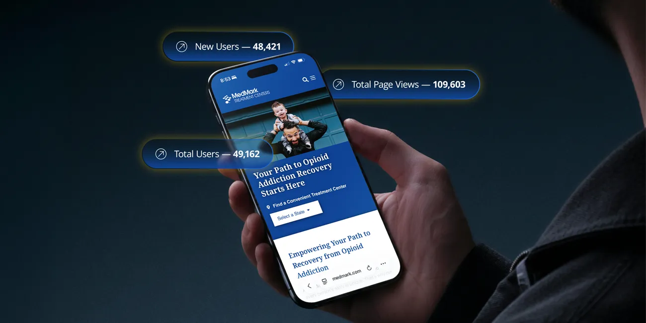 Smartphone showing MedMark Treatment Centers' website with organic traffic growth stats in callout bubbles