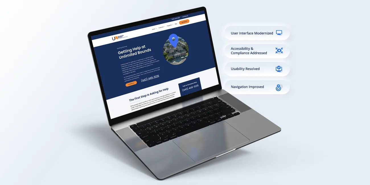 Laptop showing the Unlimited Bounds Getting Help page with usability, accessibility, navigation and UI improvements listed