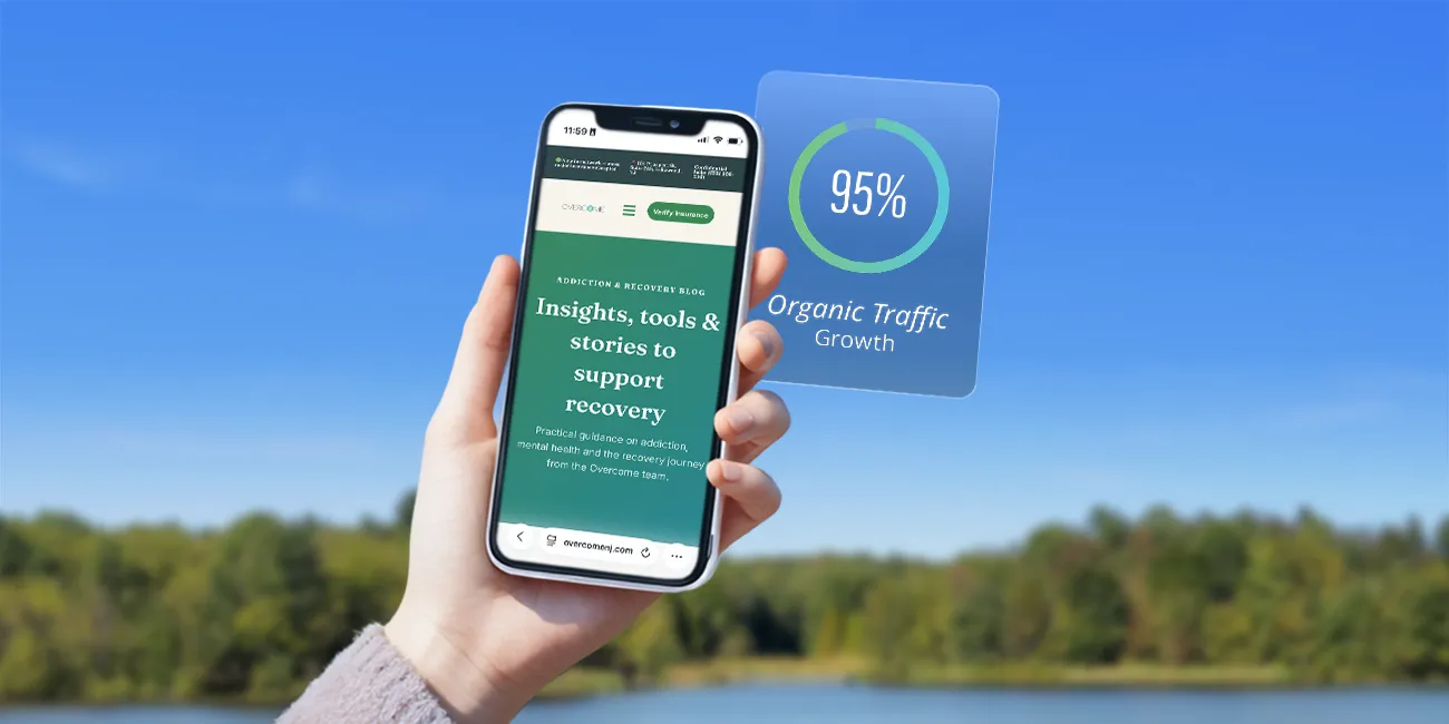 Phone showing Overcome Wellness & Recovery's blog with a 95% organic search growth stat