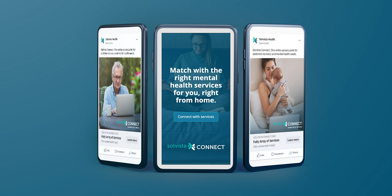 Three phone mockups of SolvistaConnect digital ads and social media ads