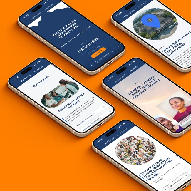 Five phones showing the mobile-friendly addiction treatment website for Unlimited Bounds