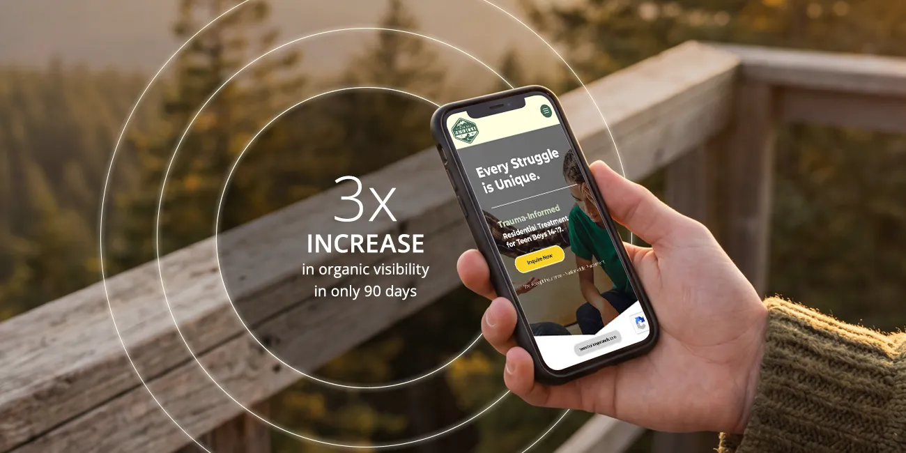 Hand holding a phone showing the teen challenge adventure ranch's website, with text: 3x increase in organic visibility in only 90 days."