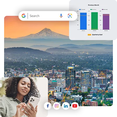 Collage showing Portland Oregon with marketing graphics